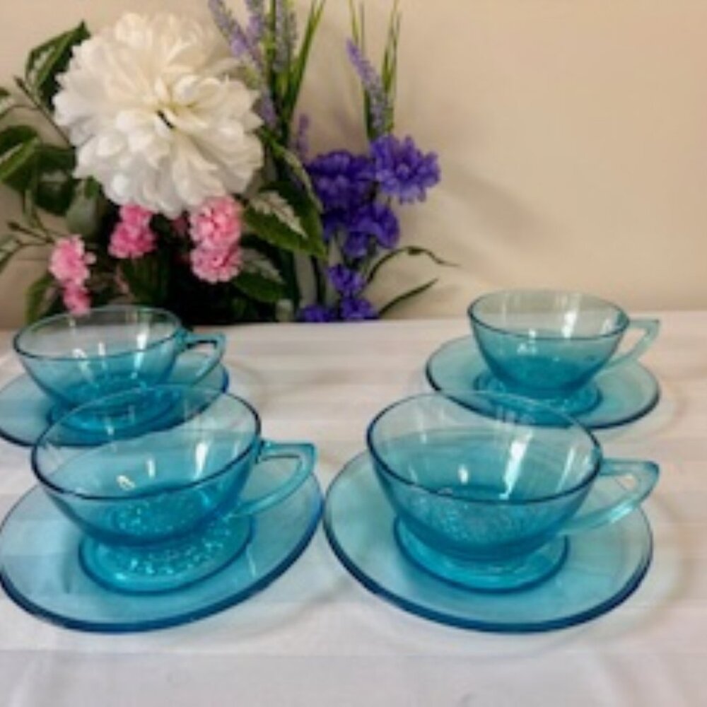 Hazel Atlas Turquoise Blue‎ Glass Cup and Saucer Set Vintage Depression Glass